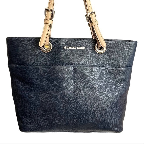 Michael kors double pocket dark blue leather tote bag